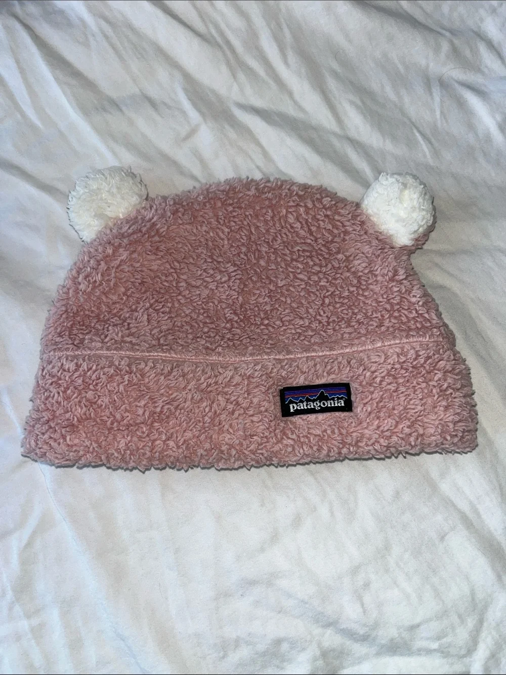 Patagonia Pink Sherpa Kids Beanie with White Pom-Poms